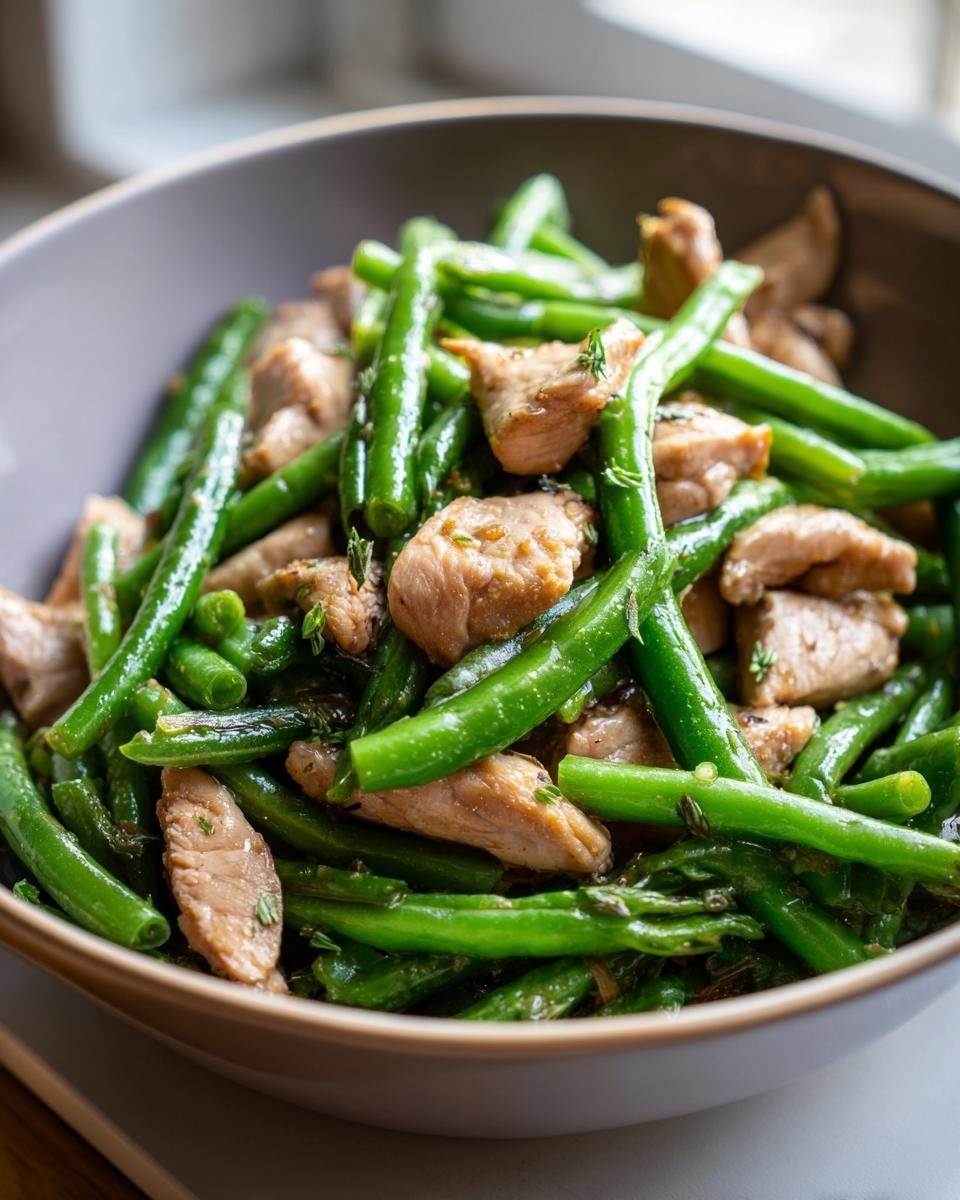 A close-up of a bowl filled with a healthy chicken and green bean low calorie plate for weight control.