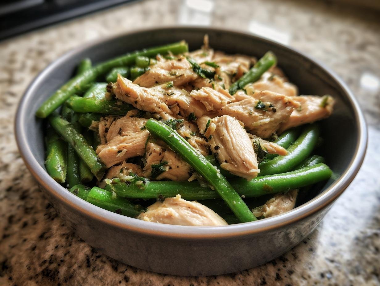 A close-up of a bowl filled with a chicken and green bean low calorie plate for weight control.