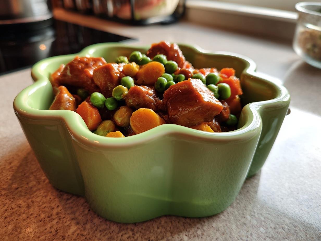 A close-up of a Chicken and Green Pea Bowl, featuring tender chicken pieces and vibrant green peas in a savory sauce.