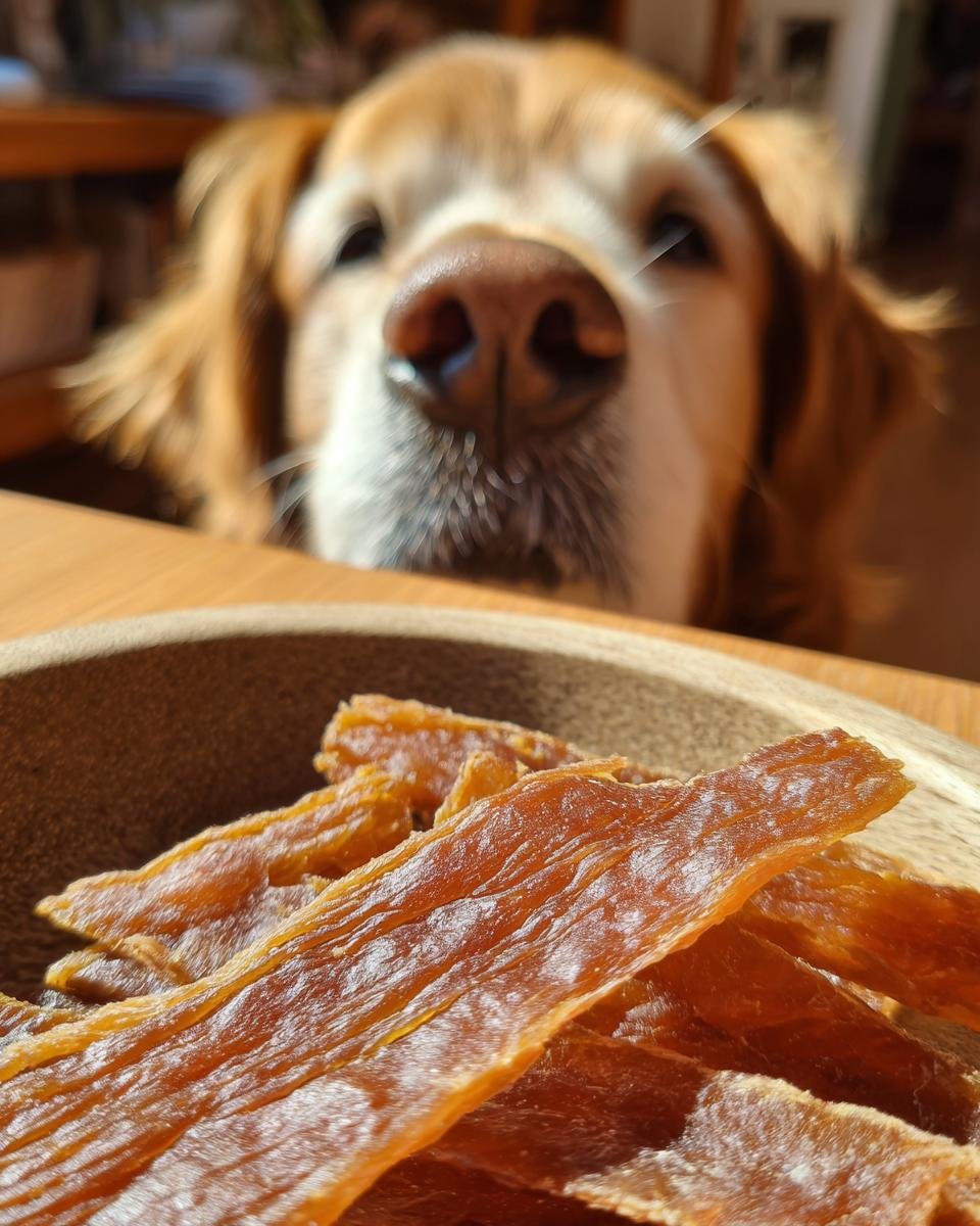 A golden retriever dog looks intently at a bowl of Chicken Honey Soft Chew Jerky.