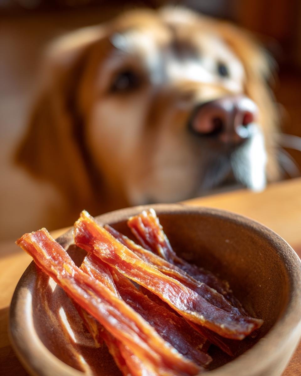 A golden retriever dog looking longingly at a bowl of Chicken Honey Soft Chew Jerky.