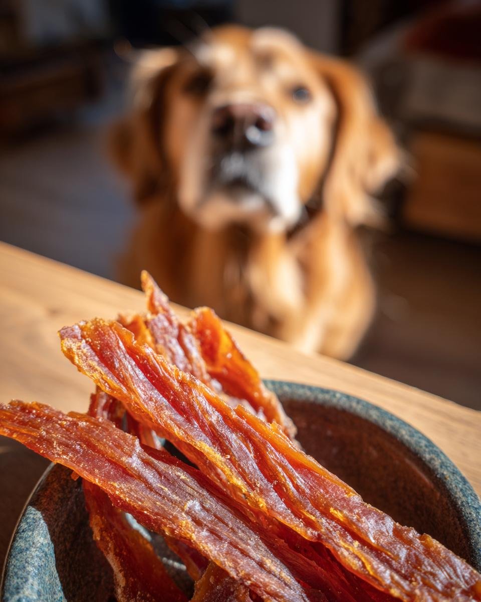 A bowl of Chicken Honey Soft Chew Jerky with a Golden Retriever dog looking on in the background.