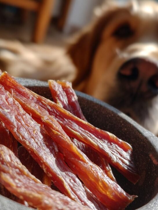 A bowl of Chicken Honey Soft Chew Jerky with a Golden Retriever looking on in the background.