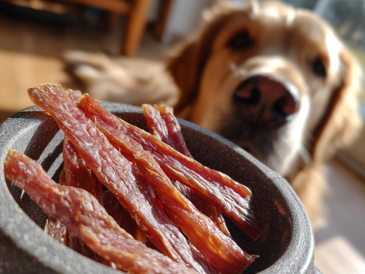 A bowl of Chicken Honey Soft Chew Jerky with a Golden Retriever looking on in the background.