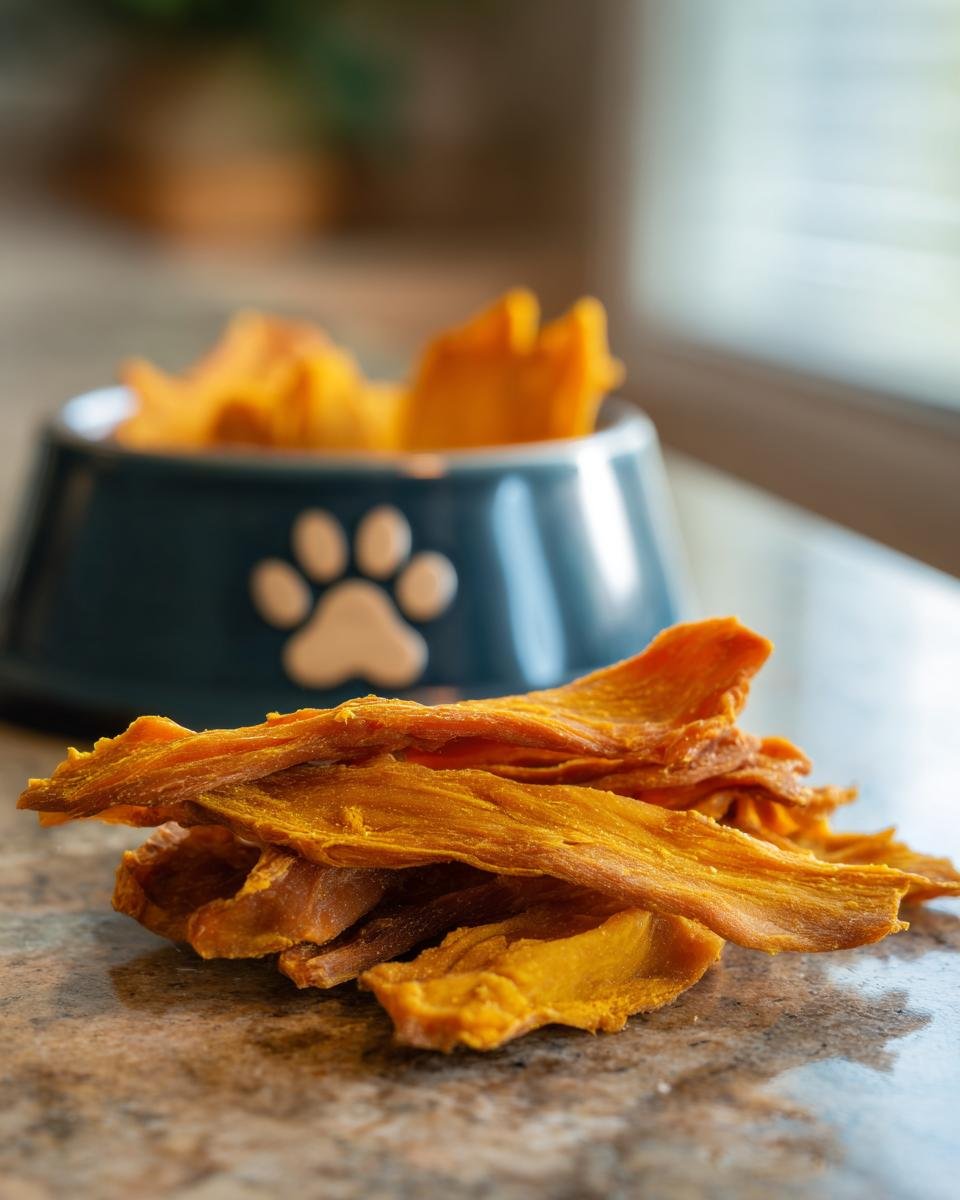 A pile of dried Chicken Mango Summer Jerky pieces in front of a pet food bowl with a paw print.