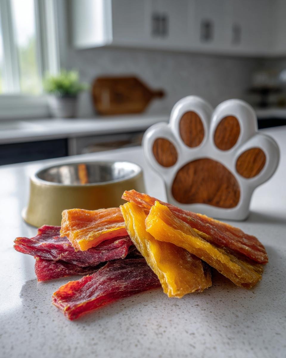 A pile of delicious Chicken Mango Summer Jerky treats for pets, with a pet bowl and paw-shaped holder in the background.