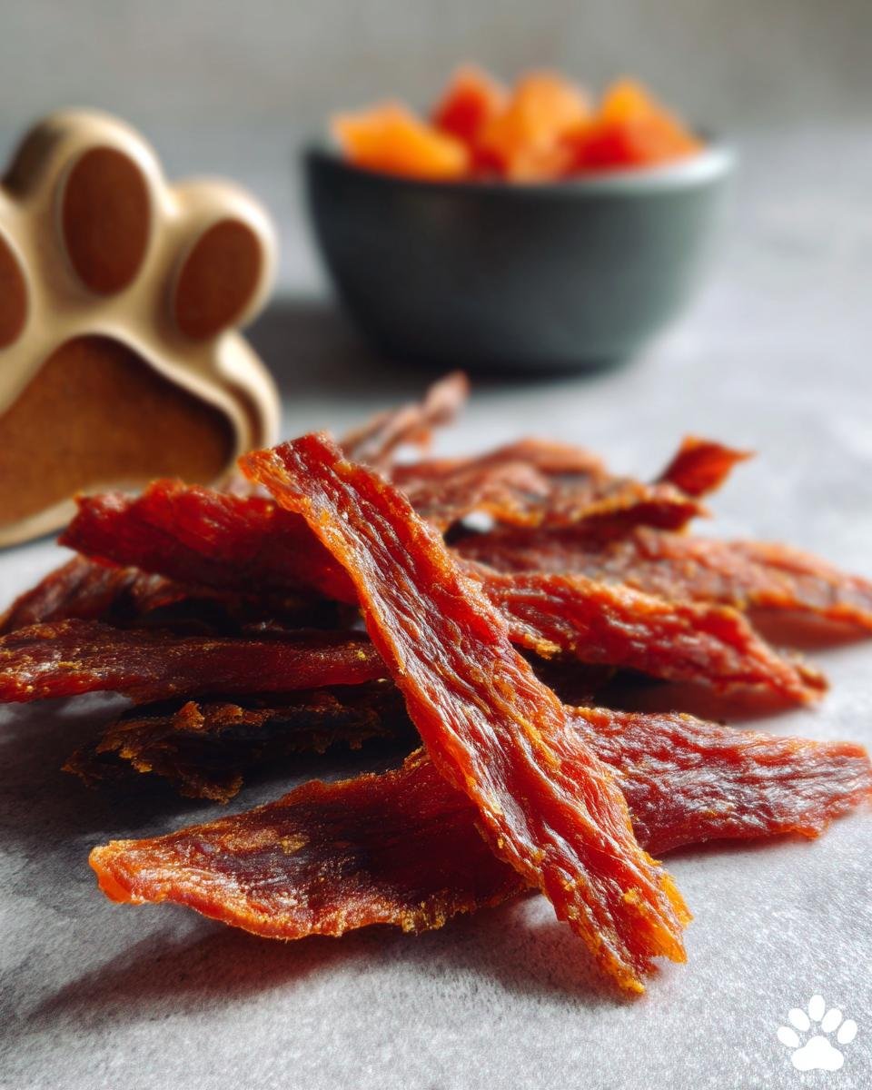 A pile of homemade Chicken Mango Summer Jerky, with a paw-shaped treat mold and a bowl of dried mango in the background.
