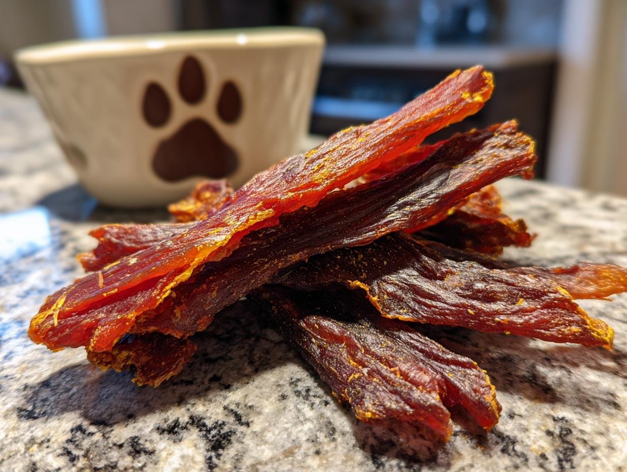 A close-up shot of homemade Chicken Mango Summer Jerky, showcasing its texture and rich color.