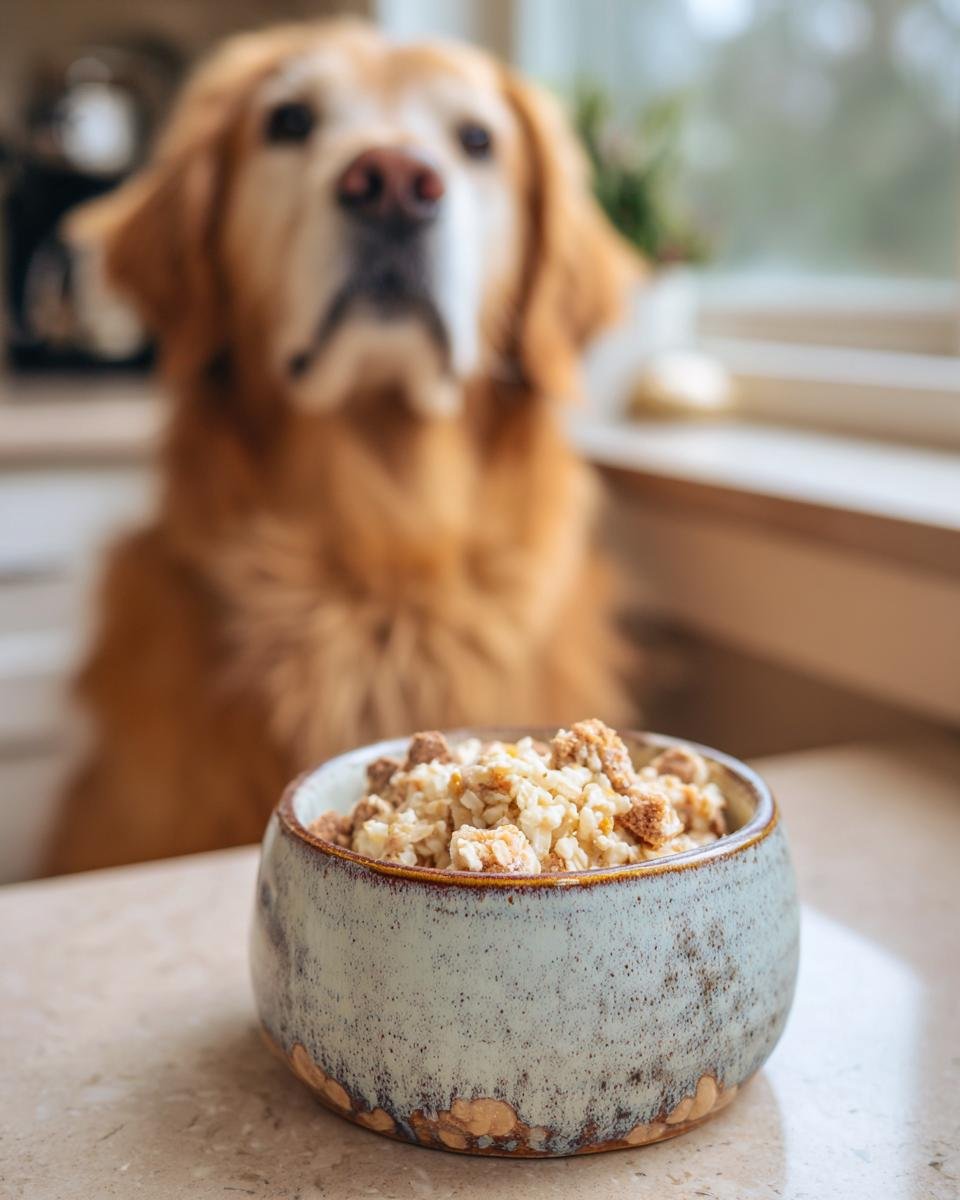 A bowl of chicken and millet dog food with a Golden Retriever in the background.