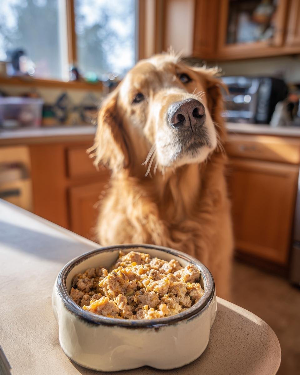 Golden Retriever dog looking at a bowl of Chicken and Millet Light Digestive Mix for Sensitive Dogs.