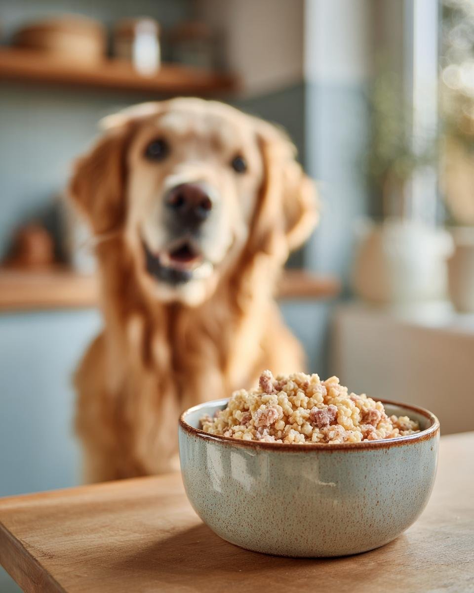 A golden retriever dog looking at a bowl of Chicken and Millet Light Digestive Mix for Sensitive Dogs.