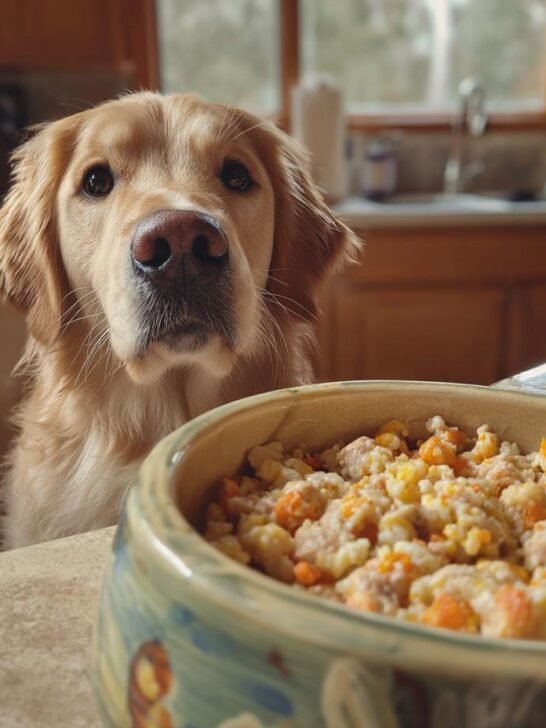 A golden retriever dog looks expectantly at a bowl of homemade Chicken and Millet Light Digestive Mix for Sensitive Dogs.