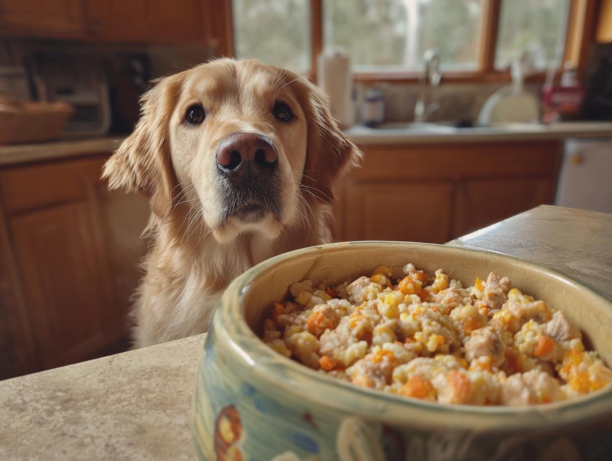 A golden retriever dog looks expectantly at a bowl of homemade Chicken and Millet Light Digestive Mix for Sensitive Dogs.
