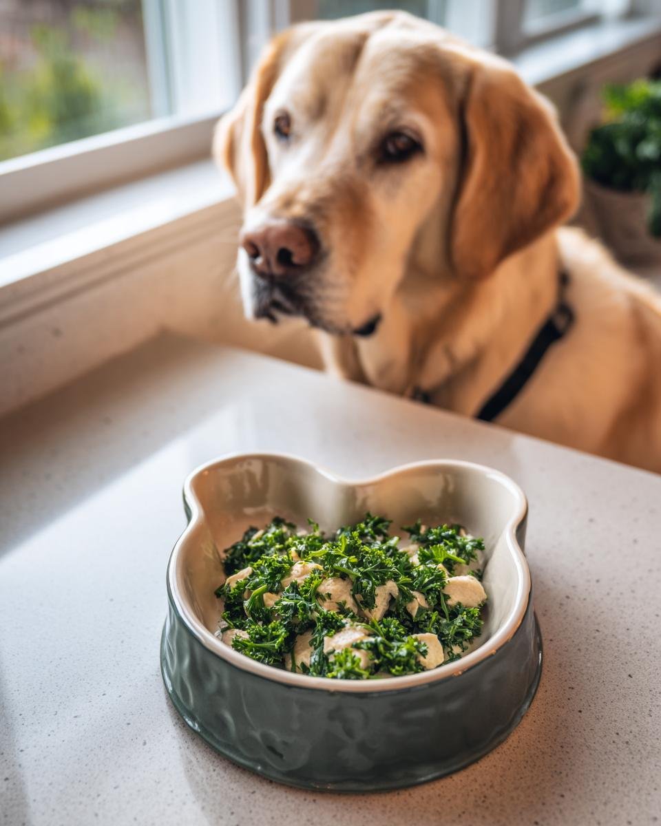 A dog looking at a bowl of chicken and parsley, a meal for oral freshness.