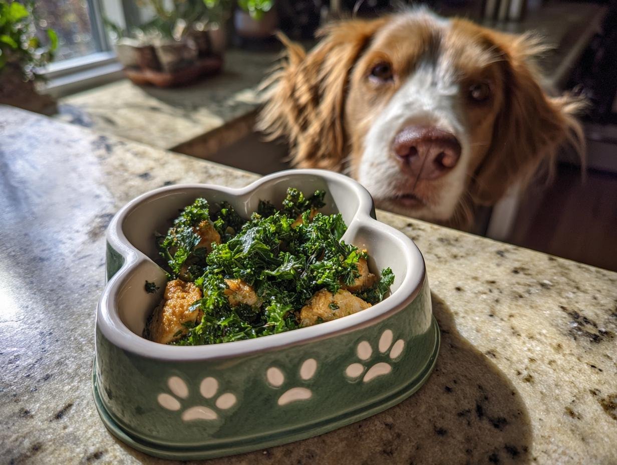 A dog looks eagerly at a dog bowl filled with chicken and parsley, a fresh breath meal for oral freshness.