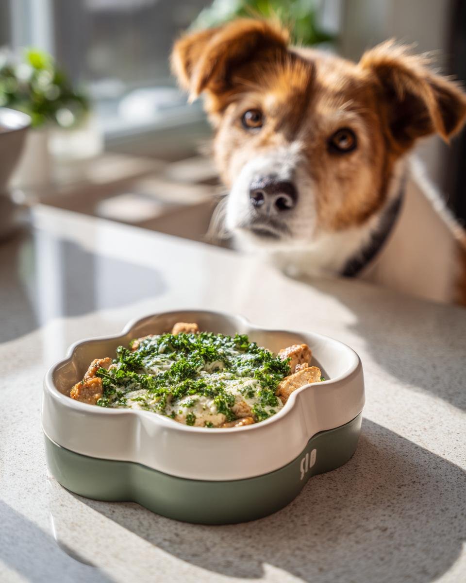 A dog looking at a bowl of Chicken and Parsley Fresh Breath Meal for Oral Freshness.