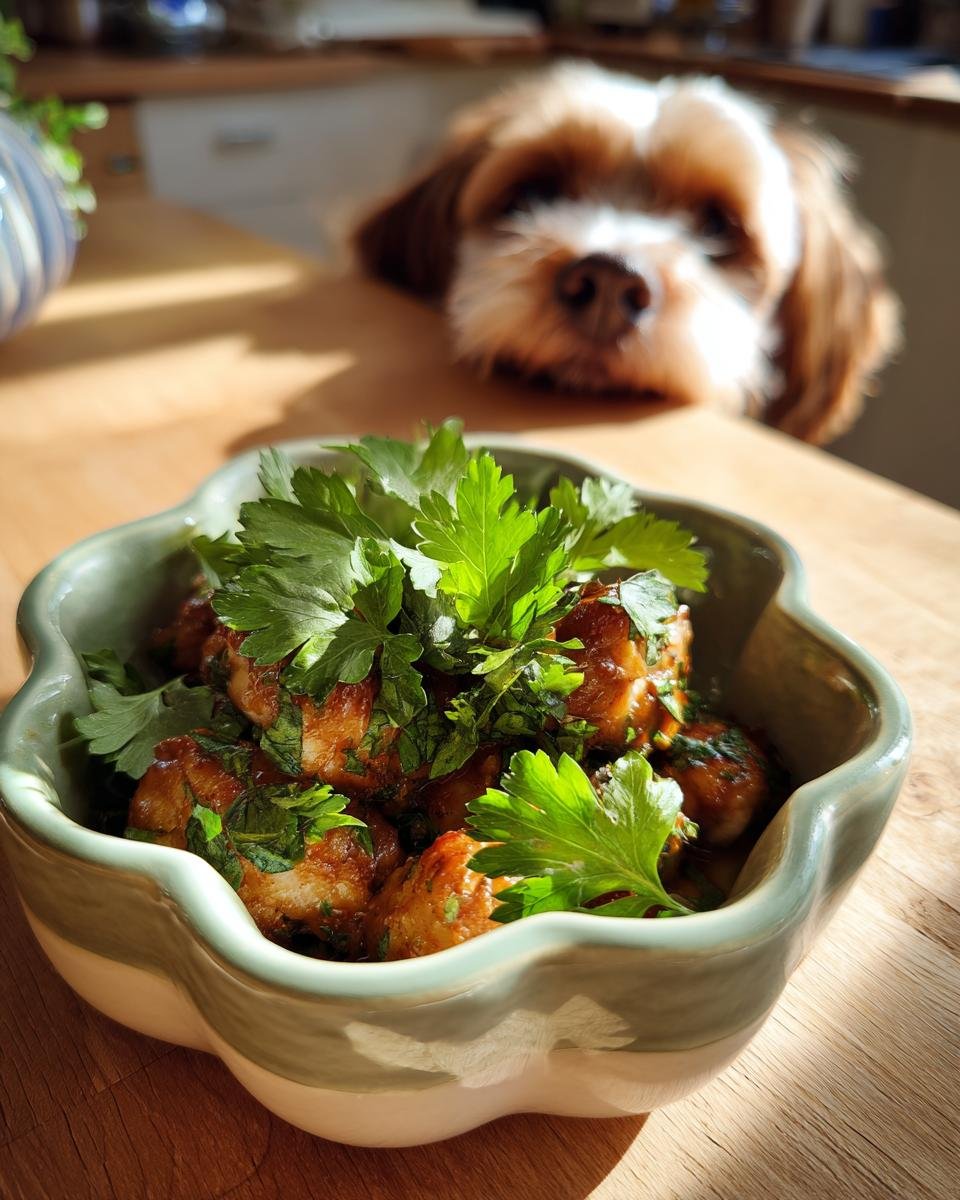 A bowl of chicken and parsley, a fresh breath meal for oral freshness, with a dog looking on.
