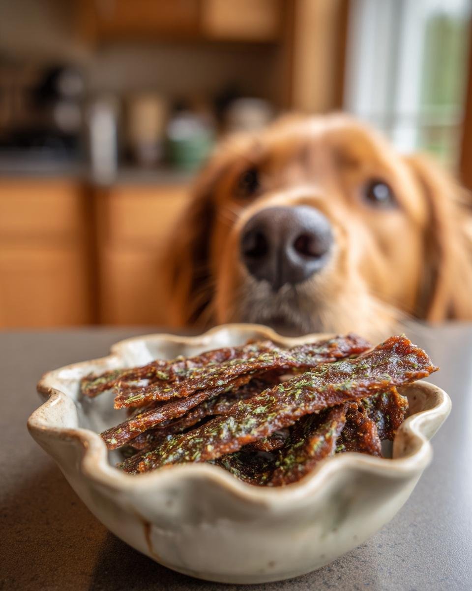 A bowl of Chicken Parsley Joint Support Jerky with a golden retriever looking on.