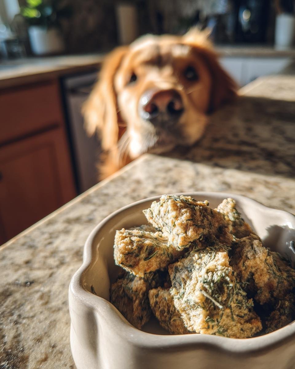 A golden retriever dog looks longingly at a bowl of Chicken Parsley Joint Support Jerky.