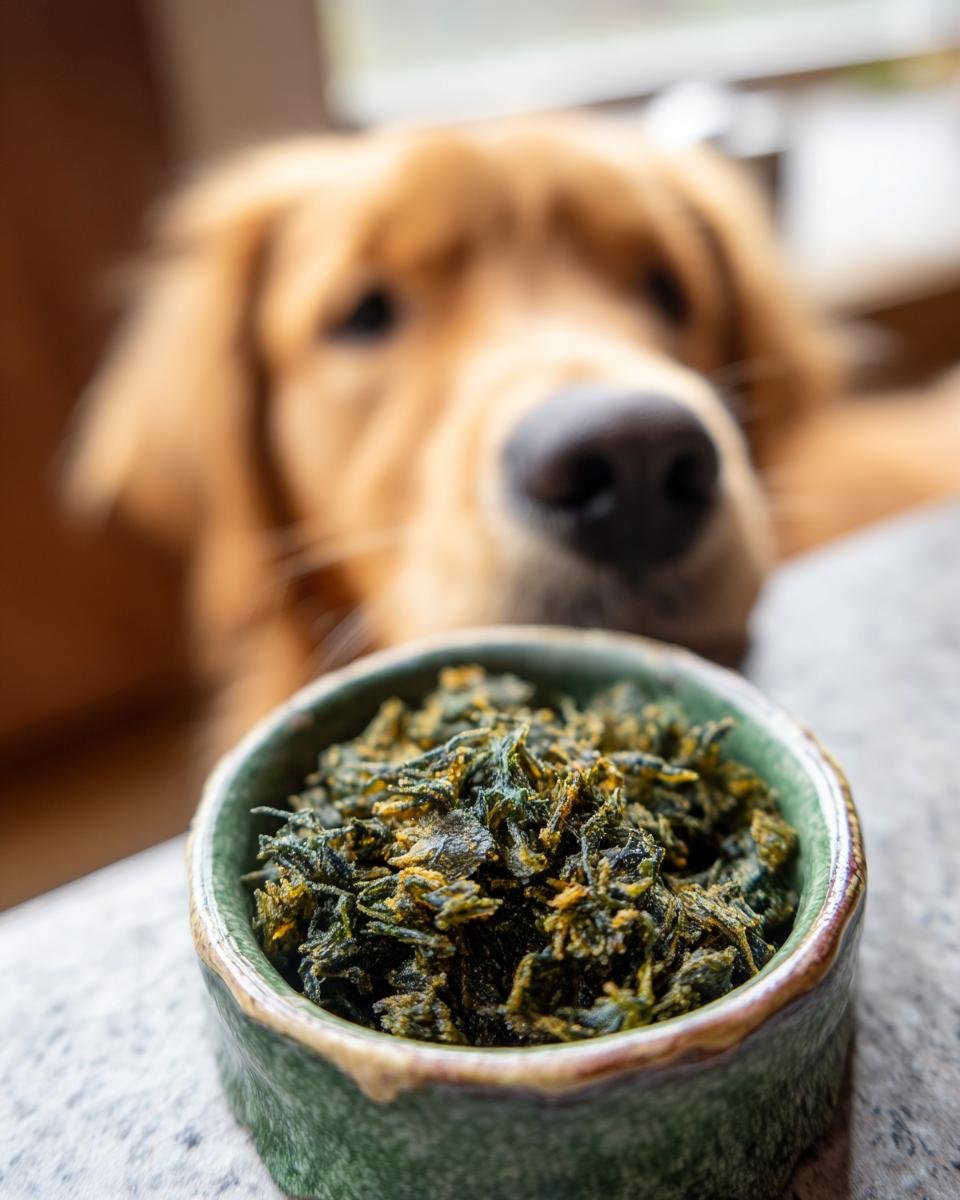 A golden retriever dog looking intently at a small bowl filled with Chicken Parsley Joint Support Jerky.