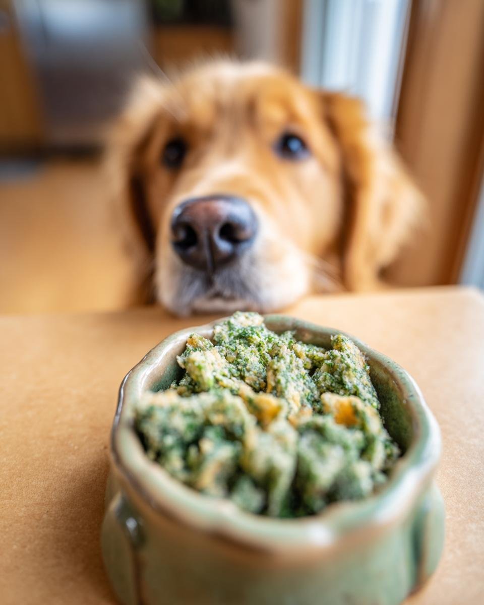 A golden retriever dog looks longingly at a small bowl of homemade Chicken Parsley Joint Support Jerky.