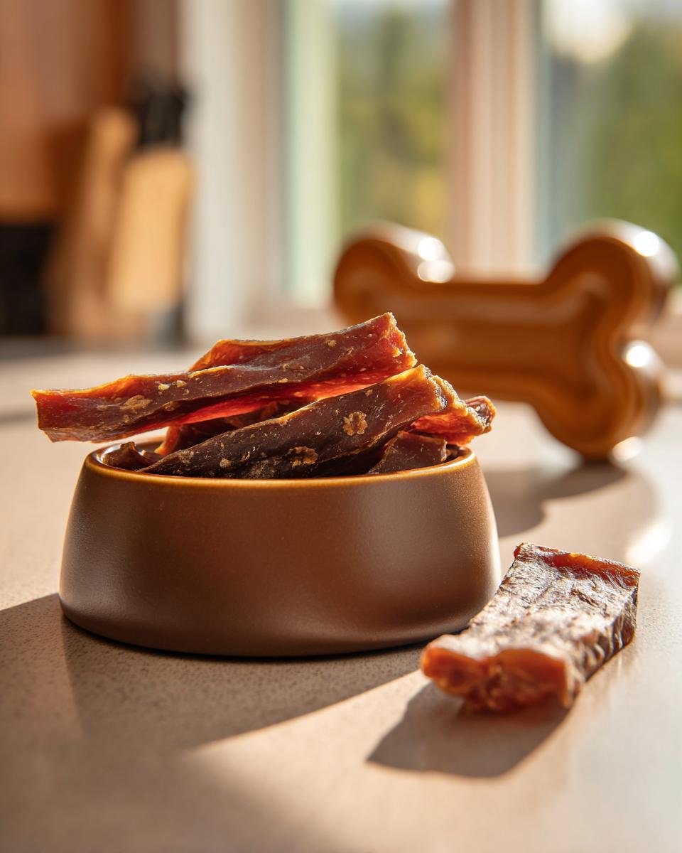 A bowl filled with delicious Chicken Pear Smooth Jerky, with one piece in the foreground.