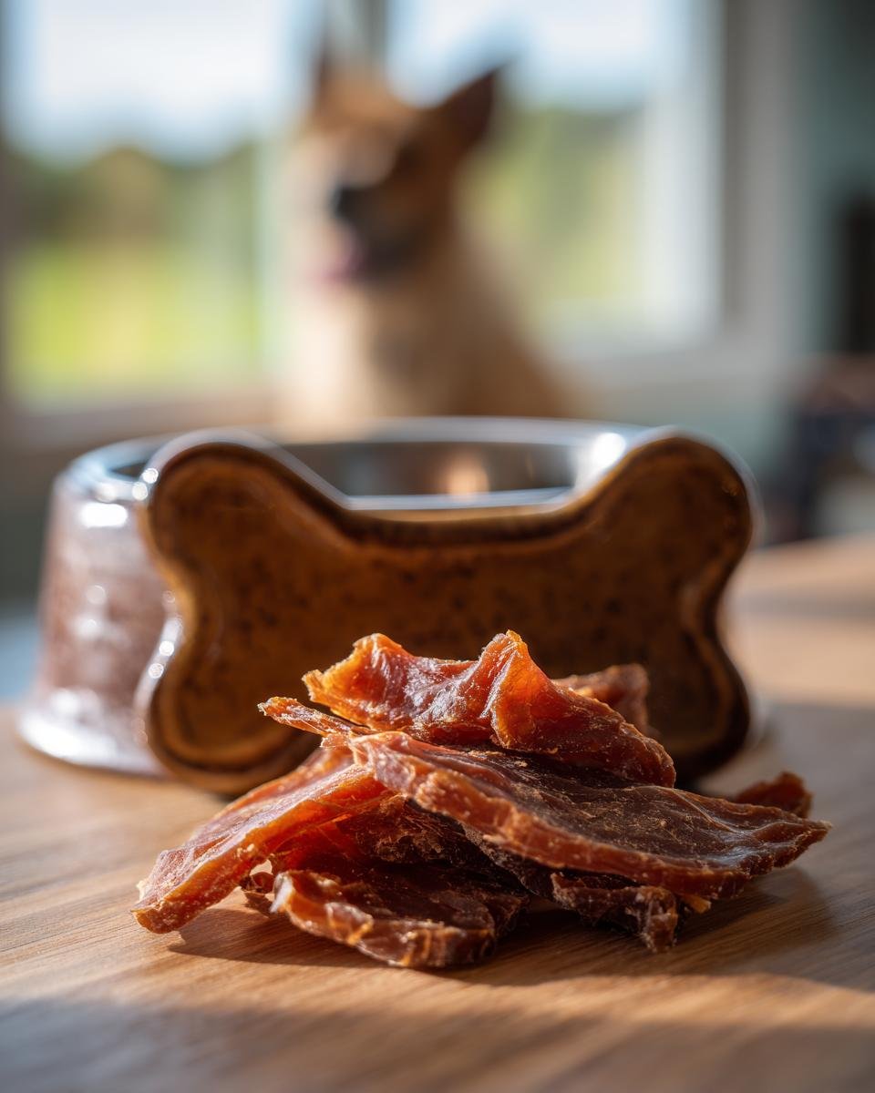 A pile of delicious Chicken Pear Smooth Jerky dog treats on a wooden surface, with a dog and a bone-shaped bowl in the background.