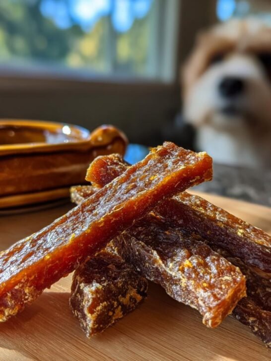 Close-up of Chicken Pear Smooth Jerky strips on a wooden board, with a dog looking on in the background.