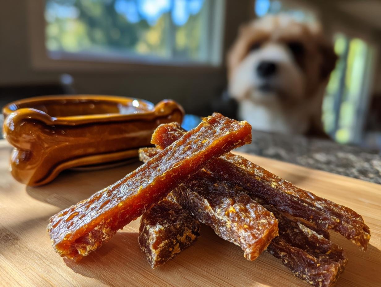 Close-up of Chicken Pear Smooth Jerky strips on a wooden board, with a dog looking on in the background.