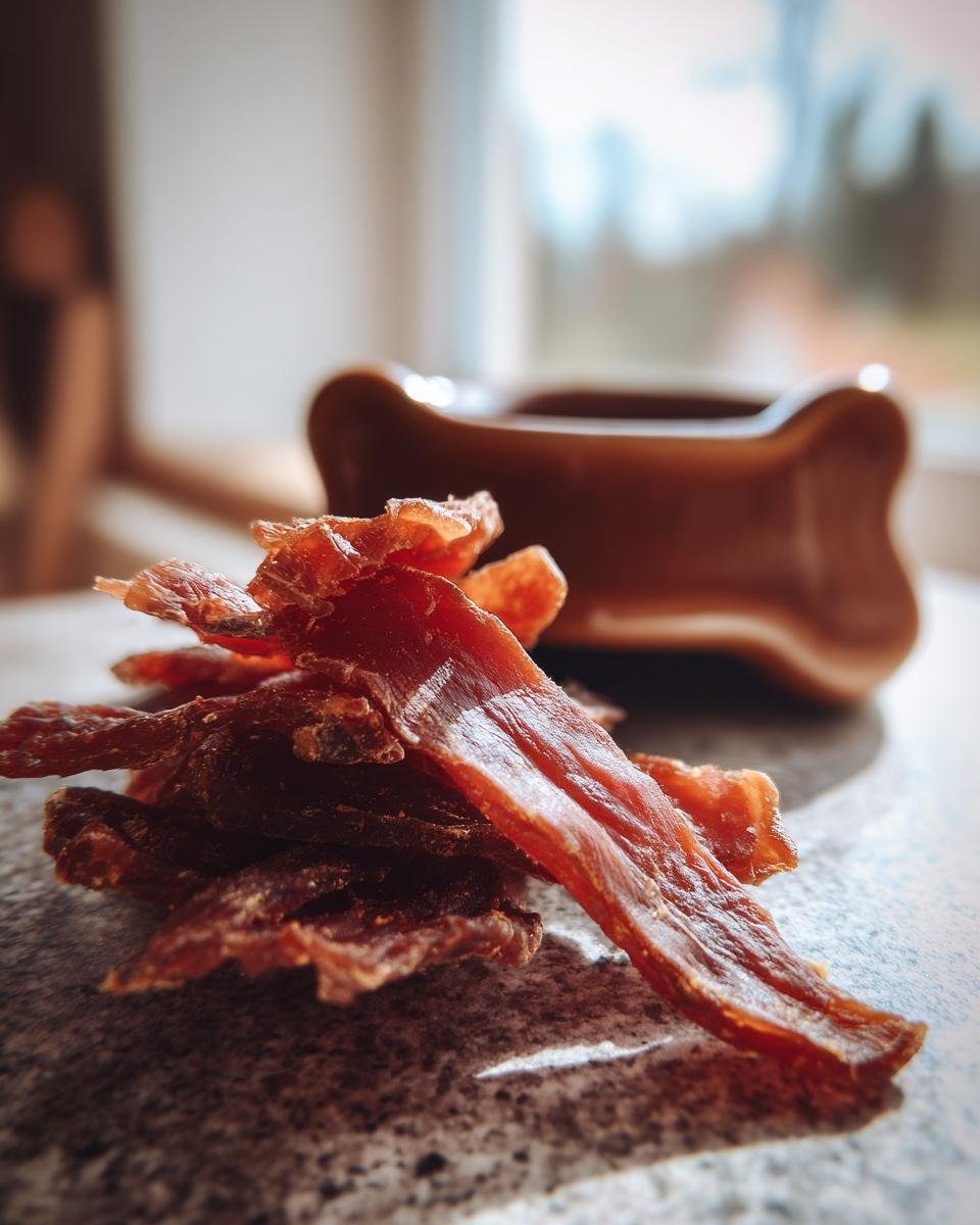 A pile of homemade Chicken Pear Smooth Jerky on a textured surface with a bone-shaped treat holder in the background.