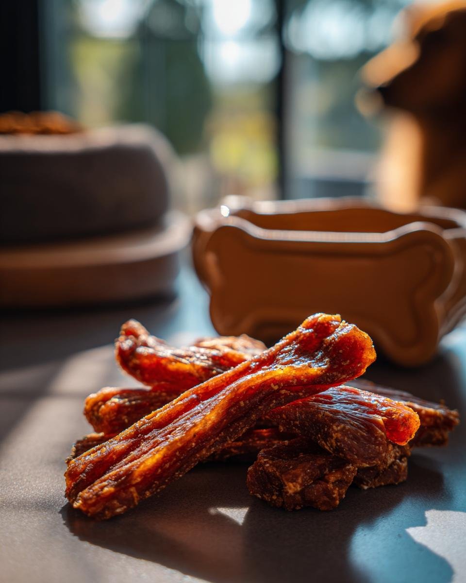 Close-up of delicious Chicken Pear Smooth Jerky dog treats, showing their chewy texture and rich color.