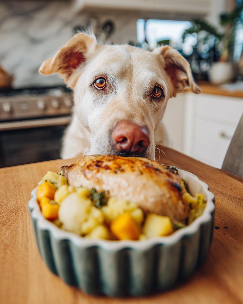 A golden retriever dog looks intently at a bowl of chicken and pear meal, suitable for gentle digestion.
