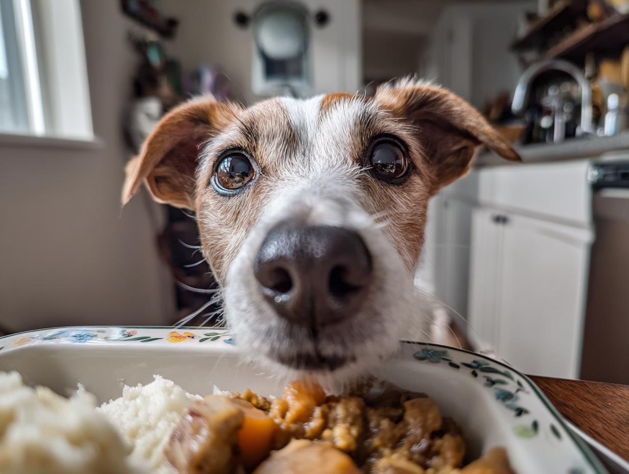 A curious dog's face is close to a bowl of Chicken and Pear Soothing Stomach Meal, begging for a bite.