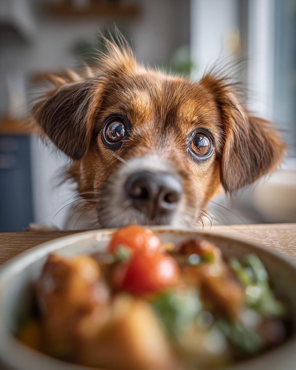 A curious dog with large, expressive eyes peeking over a bowl of Chicken and Pear Soothing Stomach Meal.