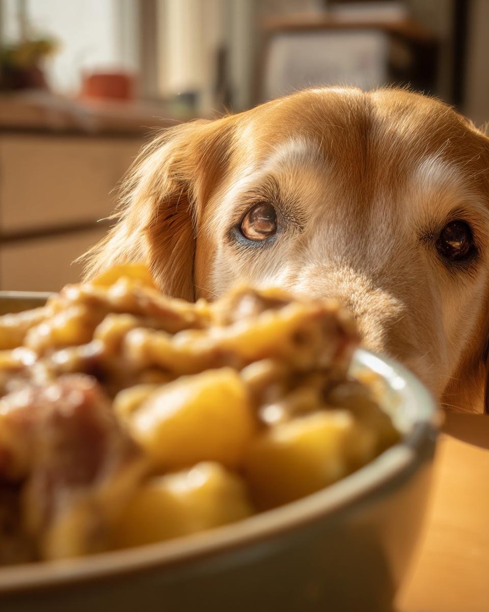 A golden retriever dog peeking over a bowl of chicken and potato meal, looking with longing eyes.