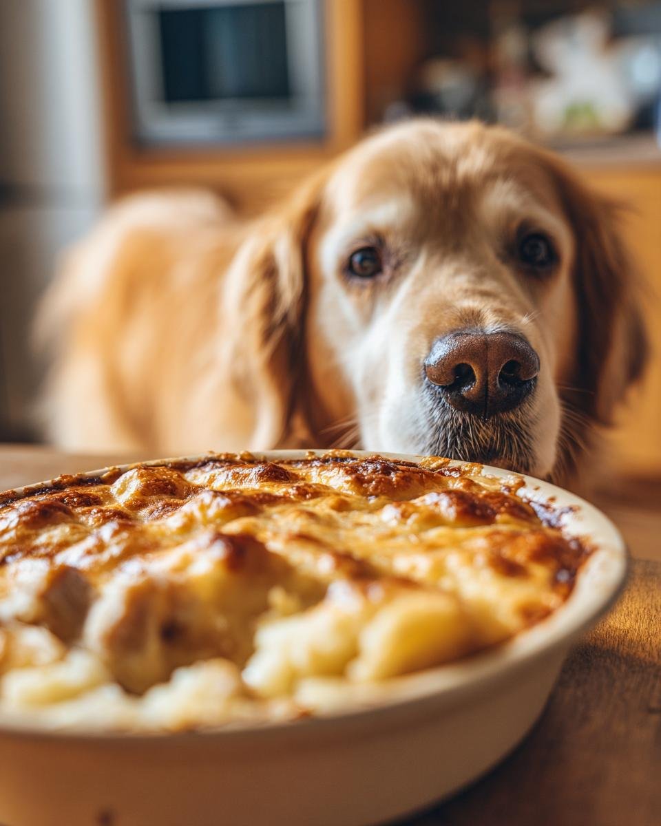 A golden retriever dog looks longingly at a golden-brown baked chicken and potato meal in a dish.