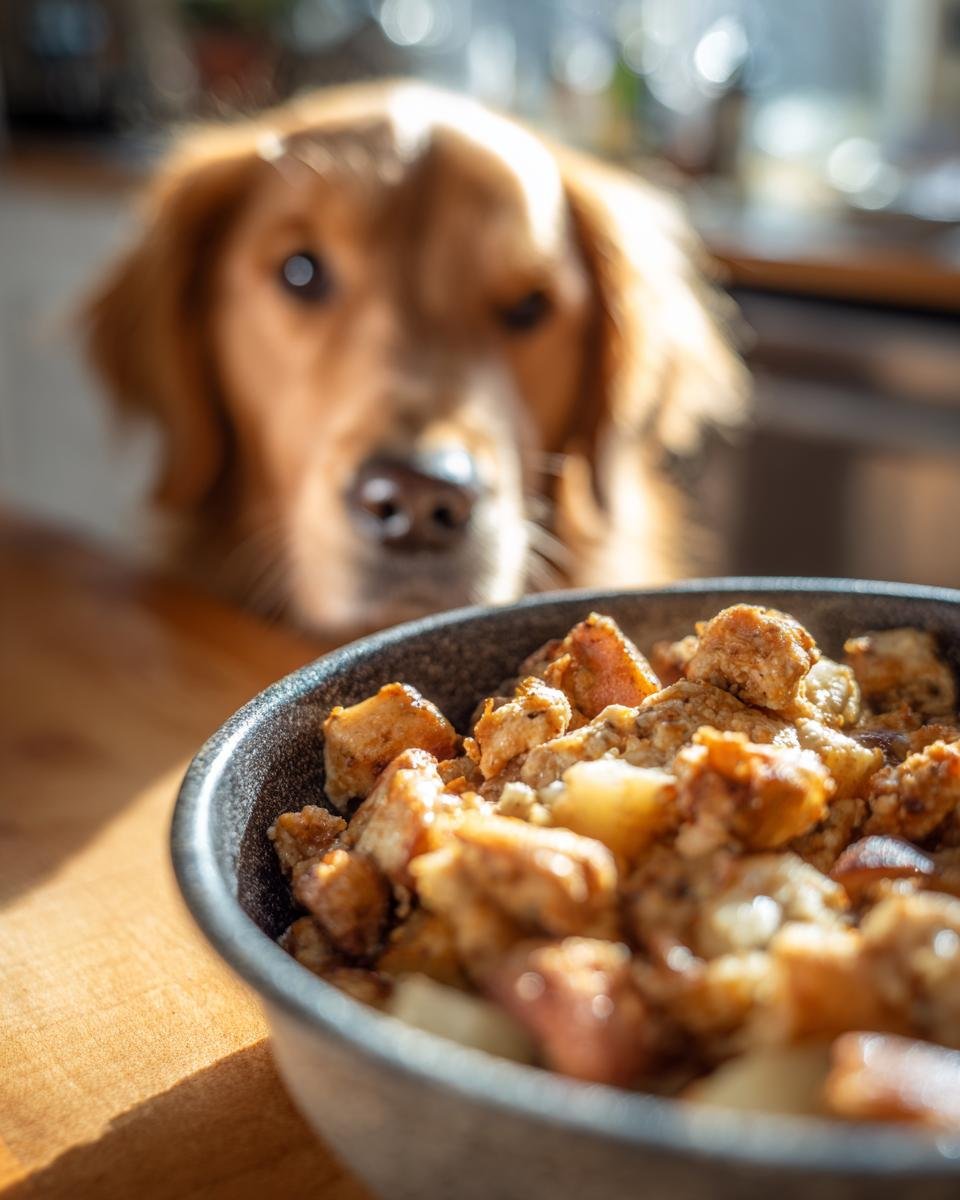 A golden retriever looking intently at a bowl of chicken and potato meal.