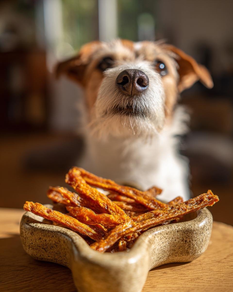 A bowl of Chicken Pumpkin Digestive Jerky with a dog looking intently in the background.