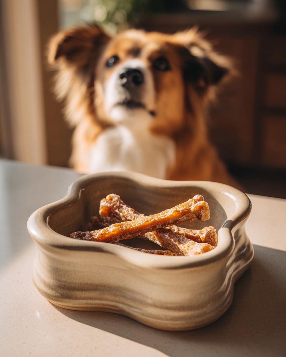 A bowl of Chicken Pumpkin Digestive Jerky with a dog looking expectantly in the background.