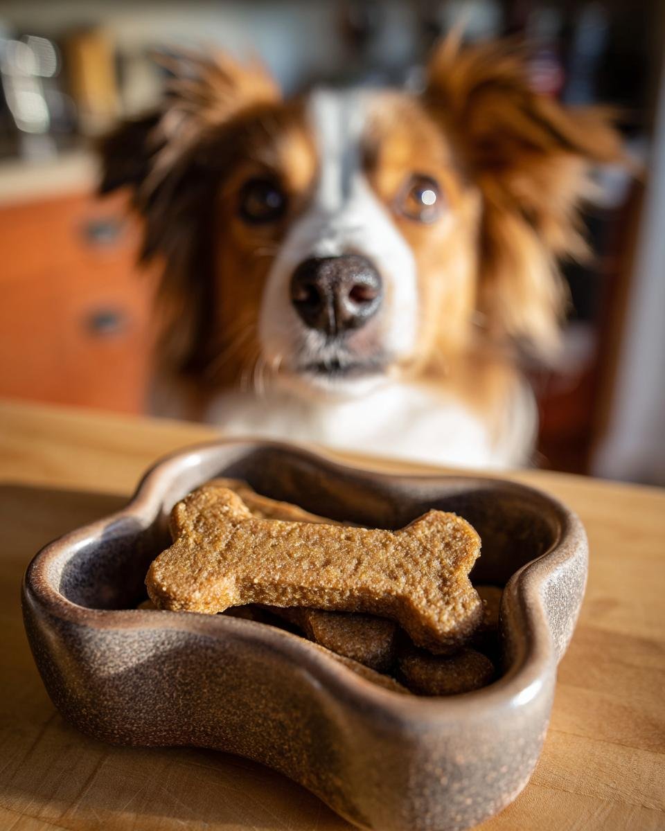 A bowl of bone-shaped Chicken Pumpkin Digestive Jerky with a dog looking expectantly in the background.