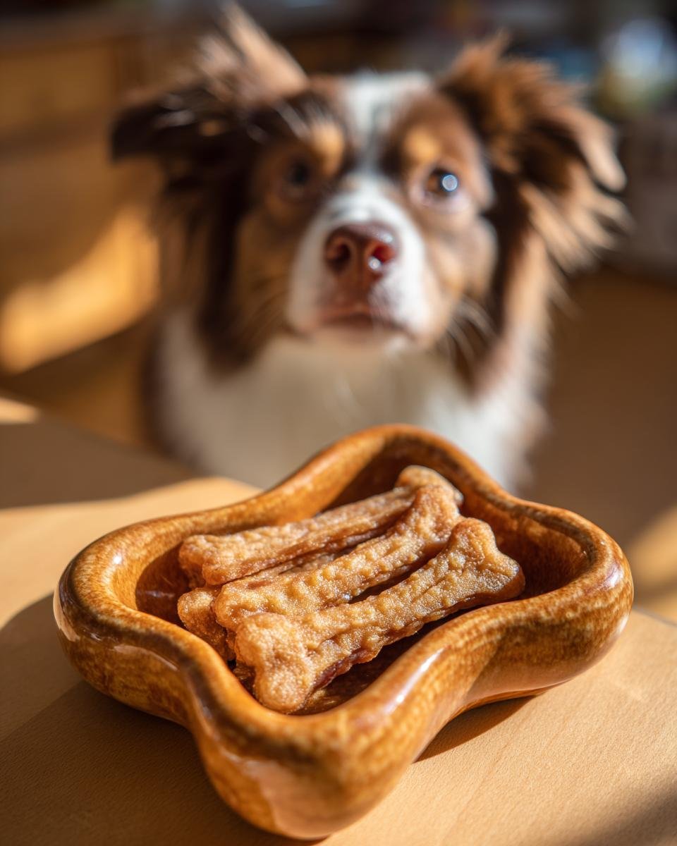 A dog looking intently at a bowl of bone-shaped Chicken Pumpkin Digestive Jerky.