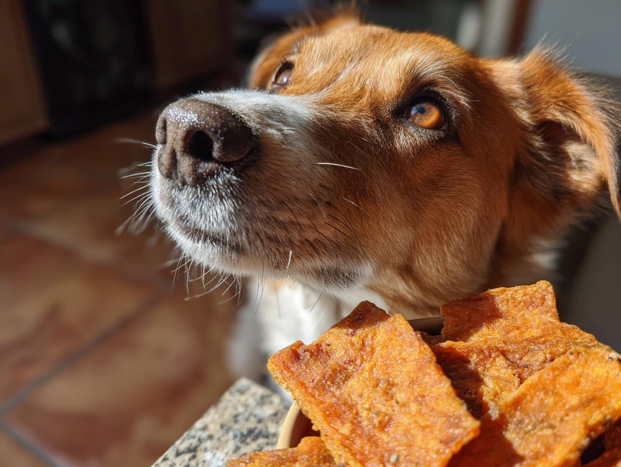 A close-up of a dog's face looking intently at a bowl of homemade Chicken Pumpkin Digestive Jerky.
