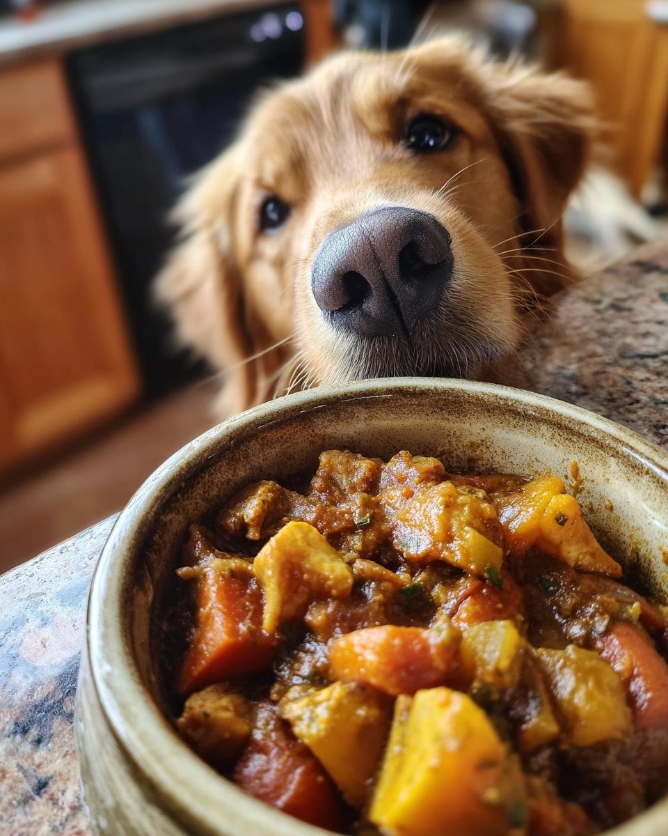 A golden retriever dog peeking over a bowl of hearty Chicken and Pumpkin Winter Stew.