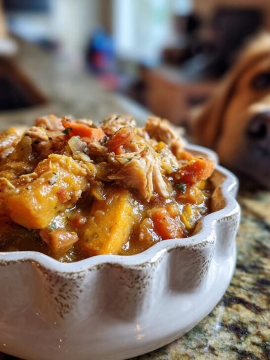 A bowl of Chicken and Pumpkin Winter Stew with a golden retriever looking on.