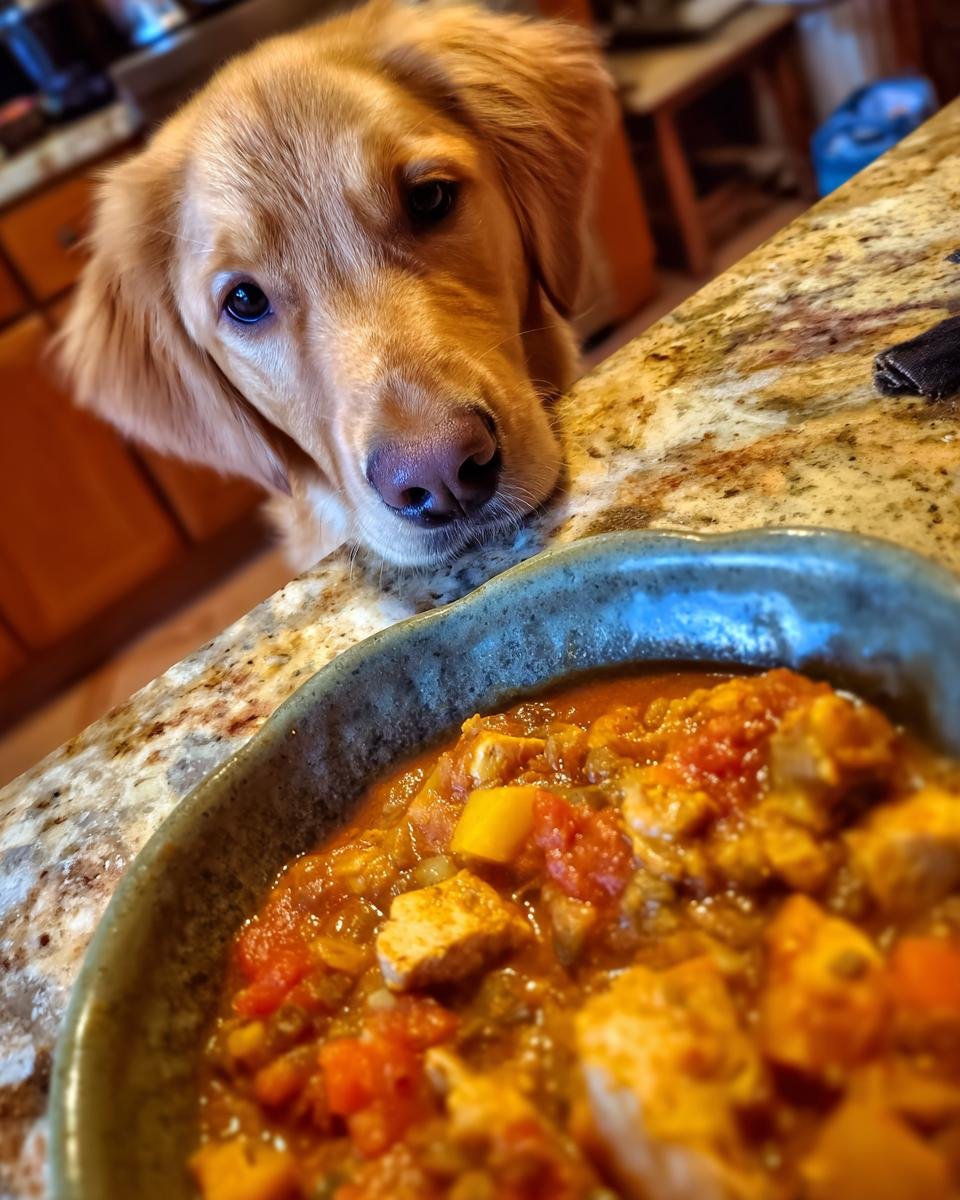 A golden retriever dog looking longingly at a bowl of chicken and pumpkin winter stew.