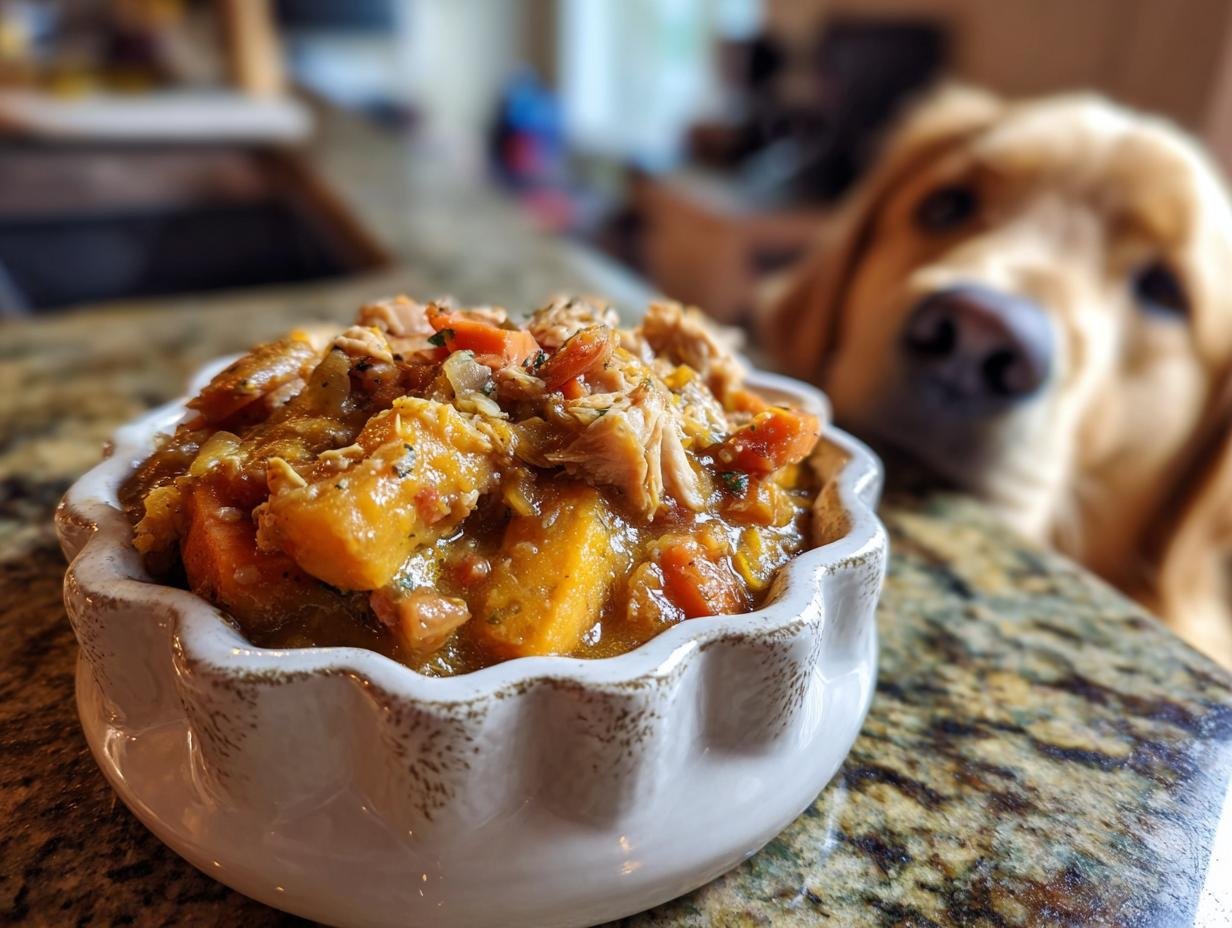 A bowl of Chicken and Pumpkin Winter Stew with a golden retriever looking on.