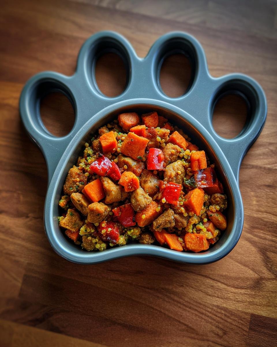 A dog bowl shaped like a paw filled with a healthy Chicken and Quinoa Strong Body Meal.