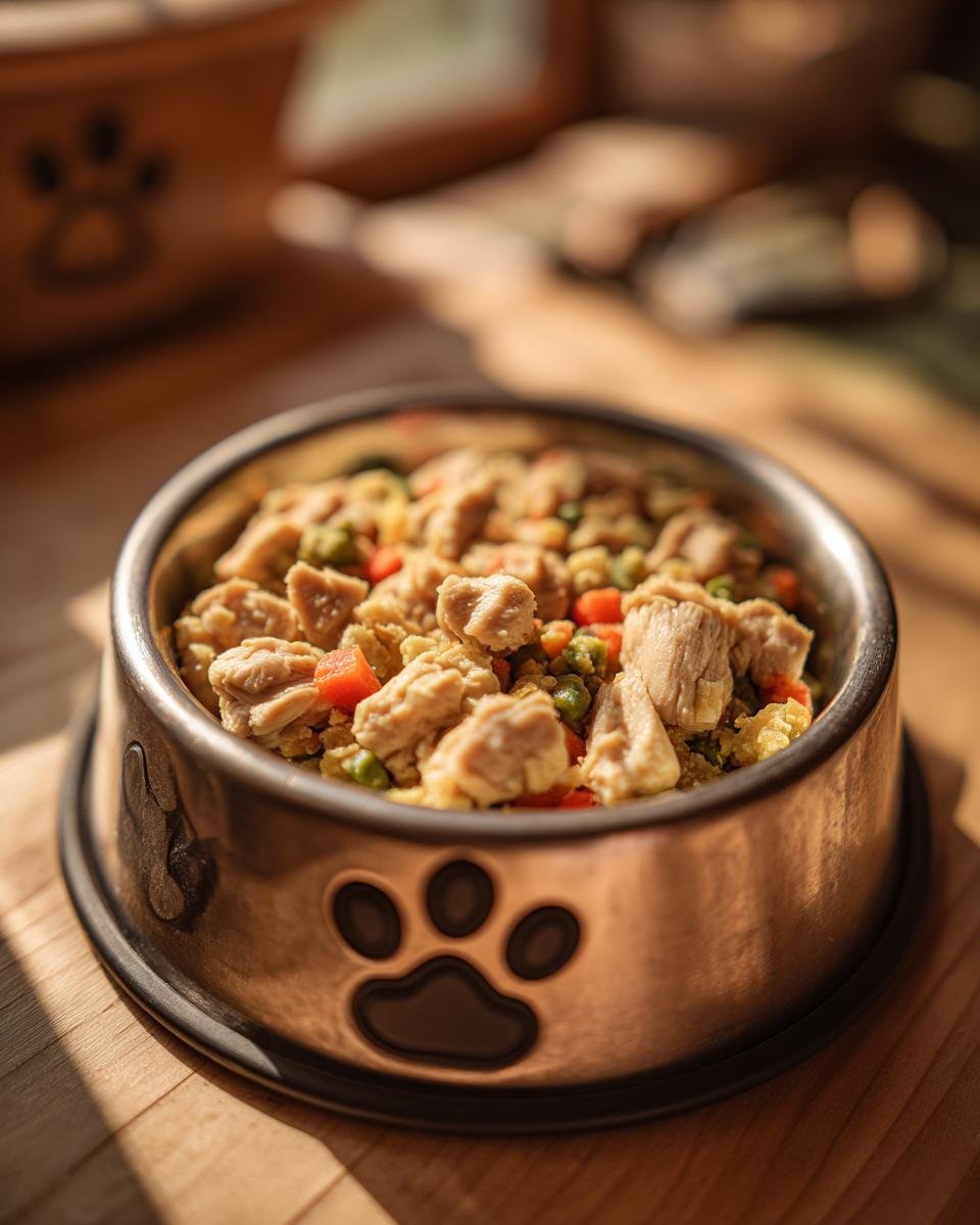 Close-up of a dog bowl filled with Chicken and Quinoa Strong Body Meal, featuring chicken pieces, quinoa, peas, and carrots.