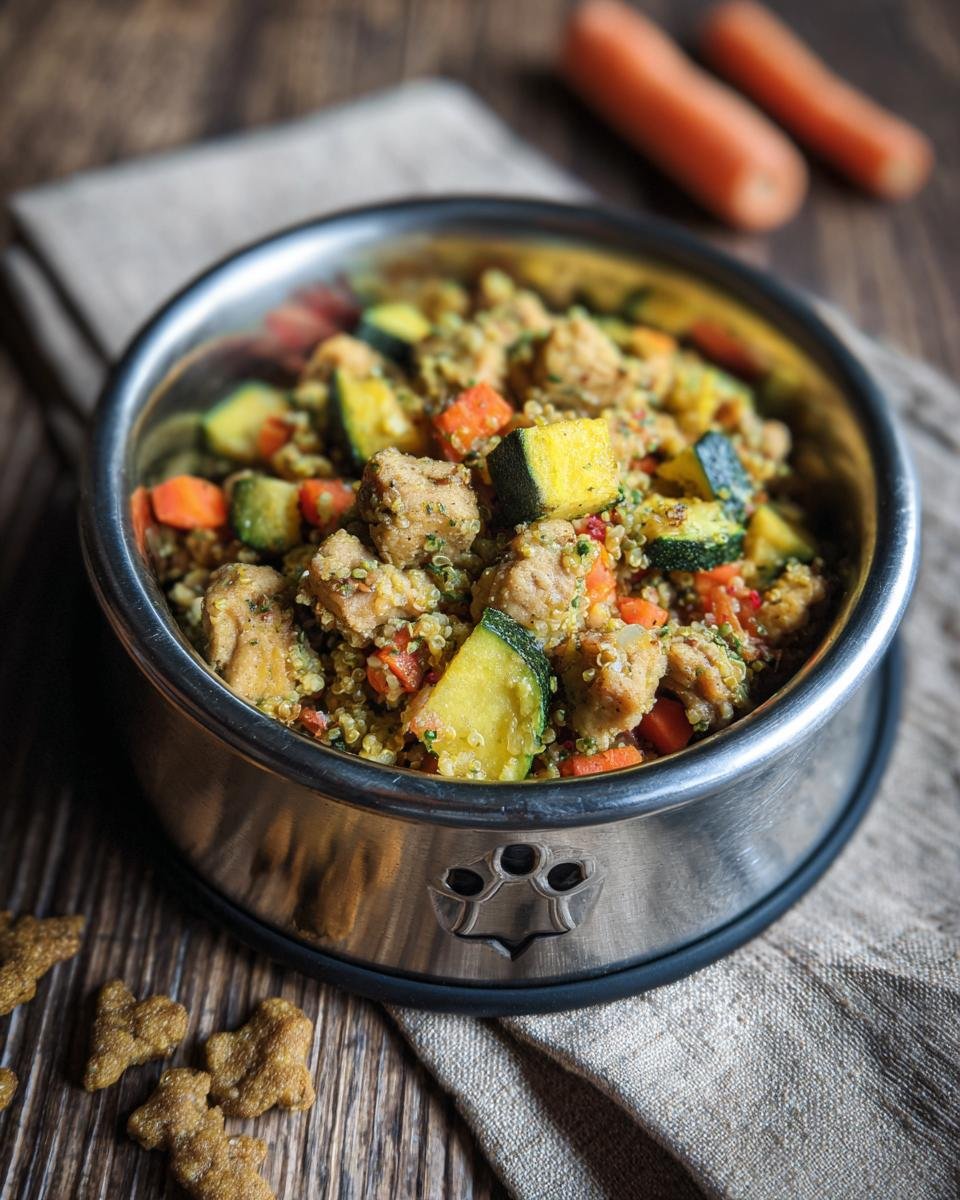 A dog bowl filled with a nutritious Chicken and Quinoa Strong Body Meal, featuring chicken, quinoa, carrots, and zucchini.
