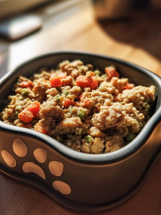 A bowl filled with Chicken and Quinoa Strong Body Meal for Complete Balance, featuring visible pieces of chicken, quinoa, carrots, and peas.